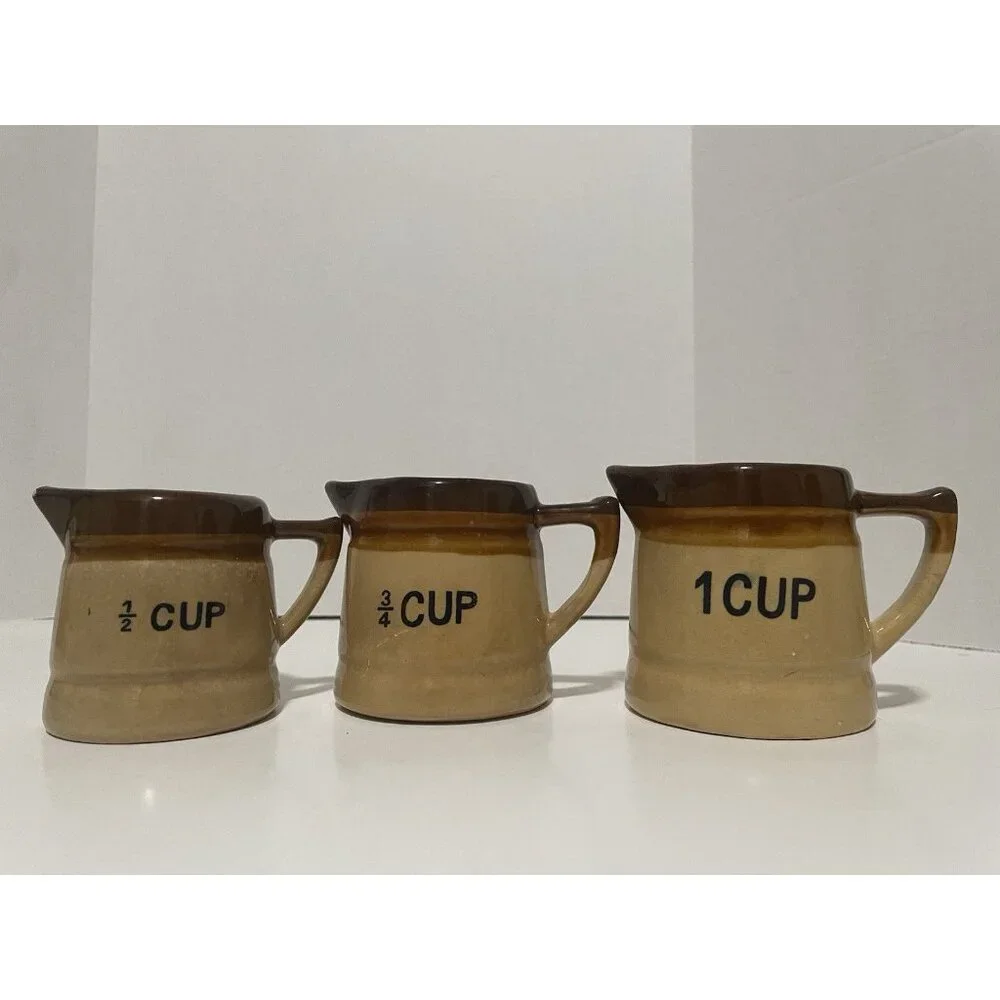 Vintage Crock Measuring Cups Set of 3 Brown Tan Glazed Ceramic